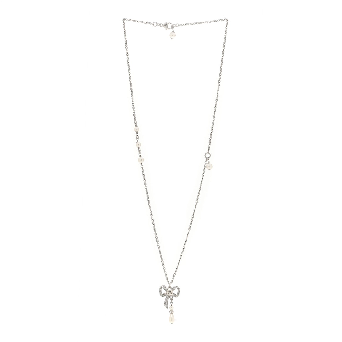 Crystal Pearl Bow CC Necklace Silver