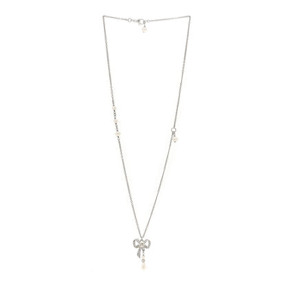 Chanel Crystal Pearl Bow CC Necklace Silver 3 of 5