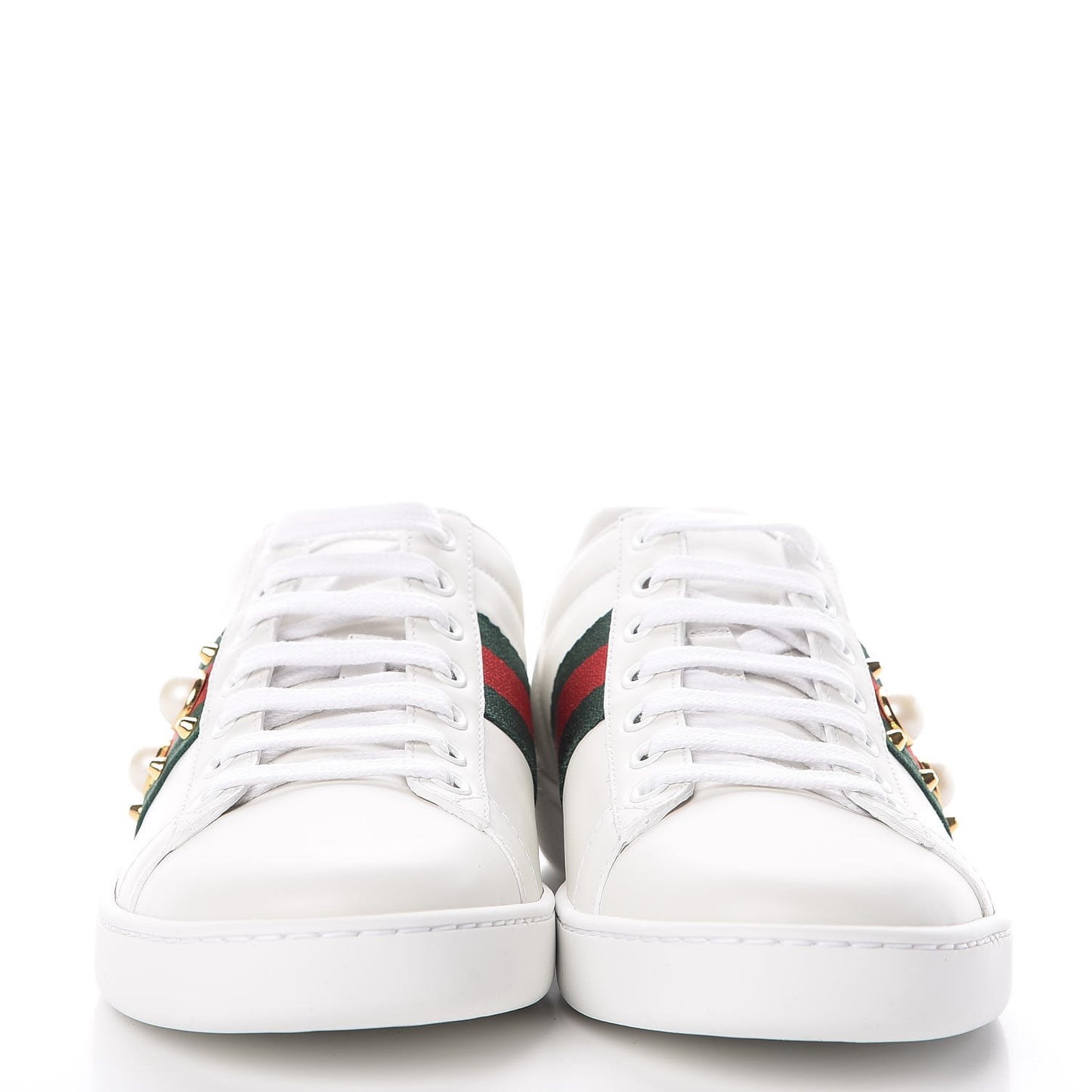 Calfskin Web Pearl Studded Womens Ace Sneakers 37.5 White