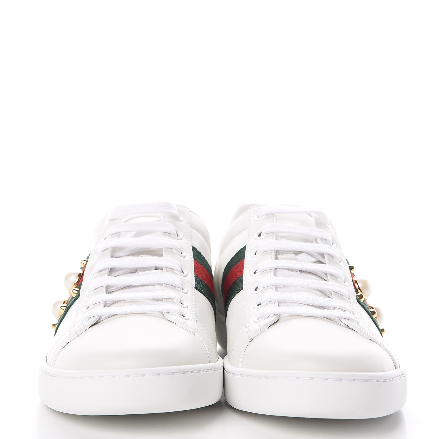 Gucci Calfskin Web Pearl Studded Womens Ace Sneakers 37.5 White 2 of 9