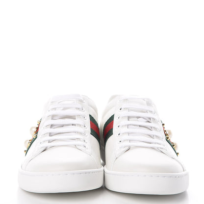 Gucci Calfskin Web Pearl Studded Womens Ace Sneakers 37.5 White 2 of 9