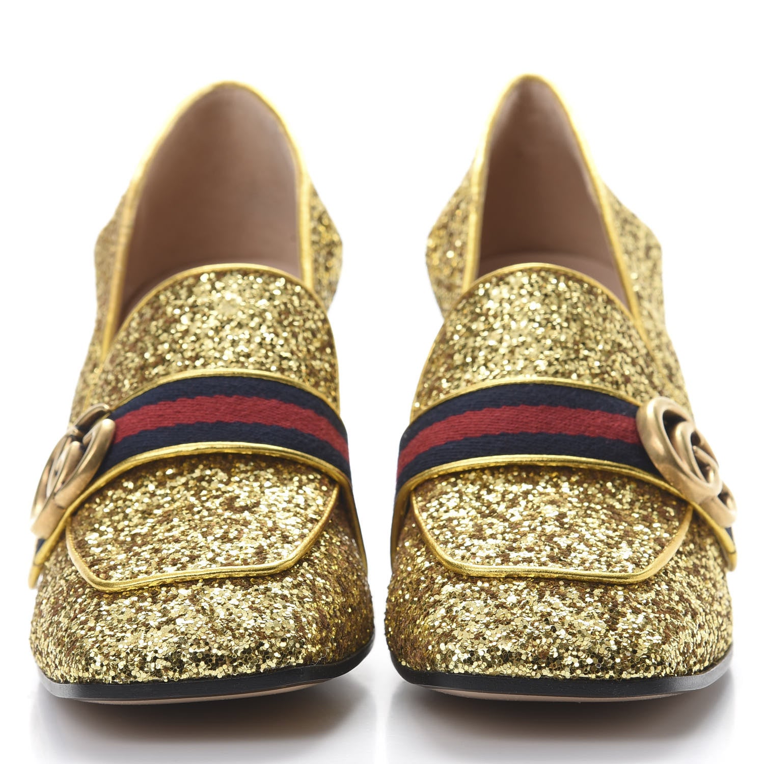 Gucci Glitter Nappa Web Peyton 75mm Loafer Pumps 40.5 Oro Vecchio 2 of 8
