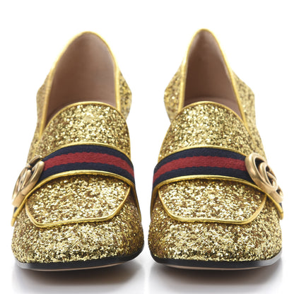 Gucci Glitter Nappa Web Peyton 75mm Loafer Pumps 40.5 Oro Vecchio 2 of 8