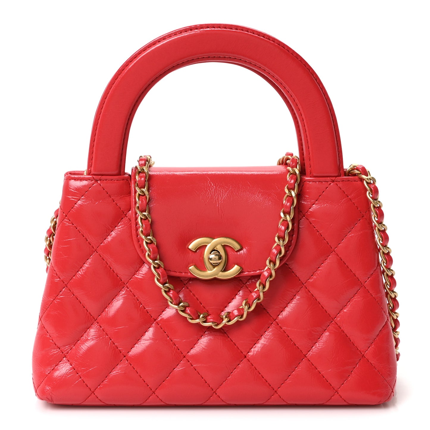Shiny Aged Calfskin Quilted Nano Kelly Shopper Red