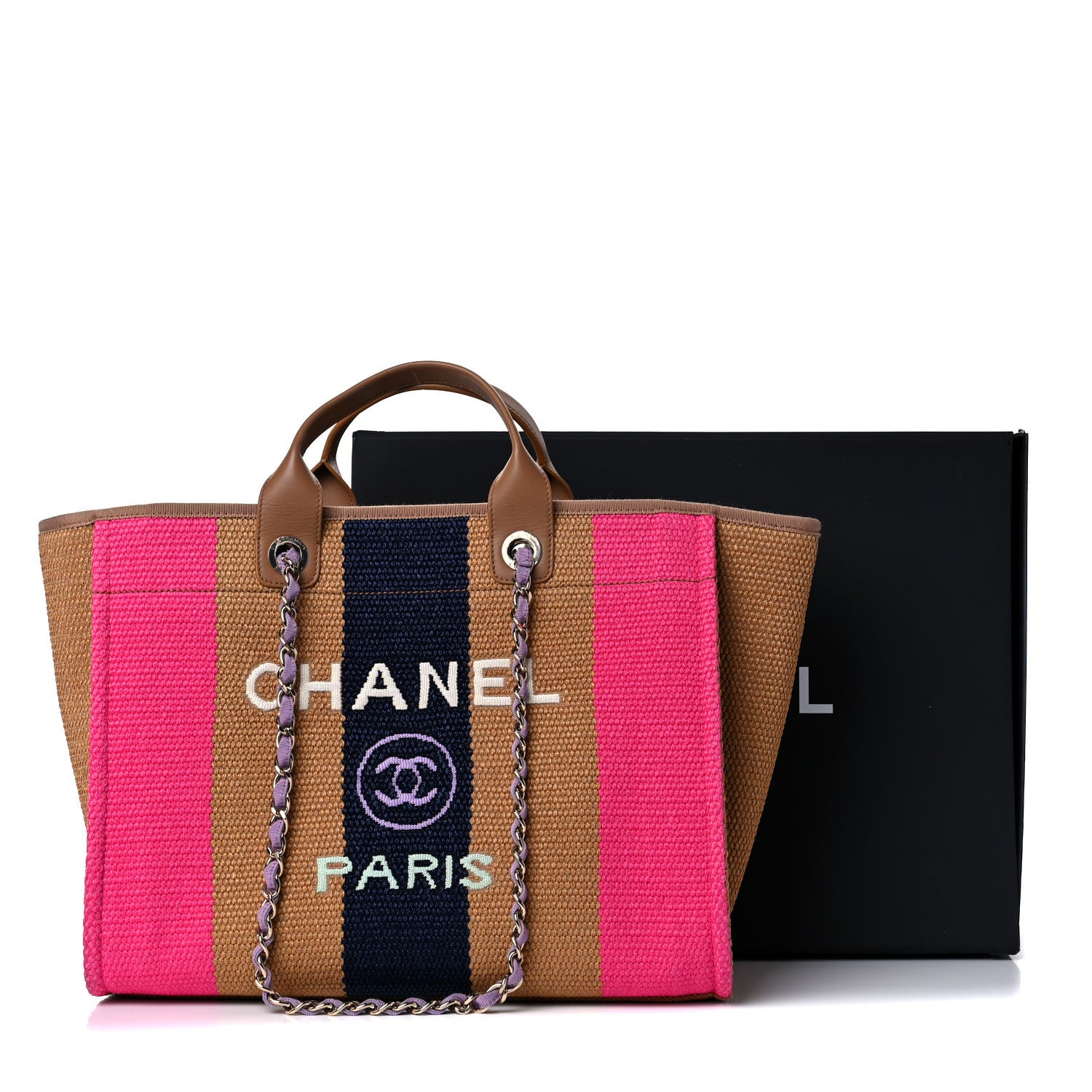 Chanel Straw Raffia Calfskin Striped Medium Deauville Tote Dark Beige Fuchsia Navy Blue 13 of 13