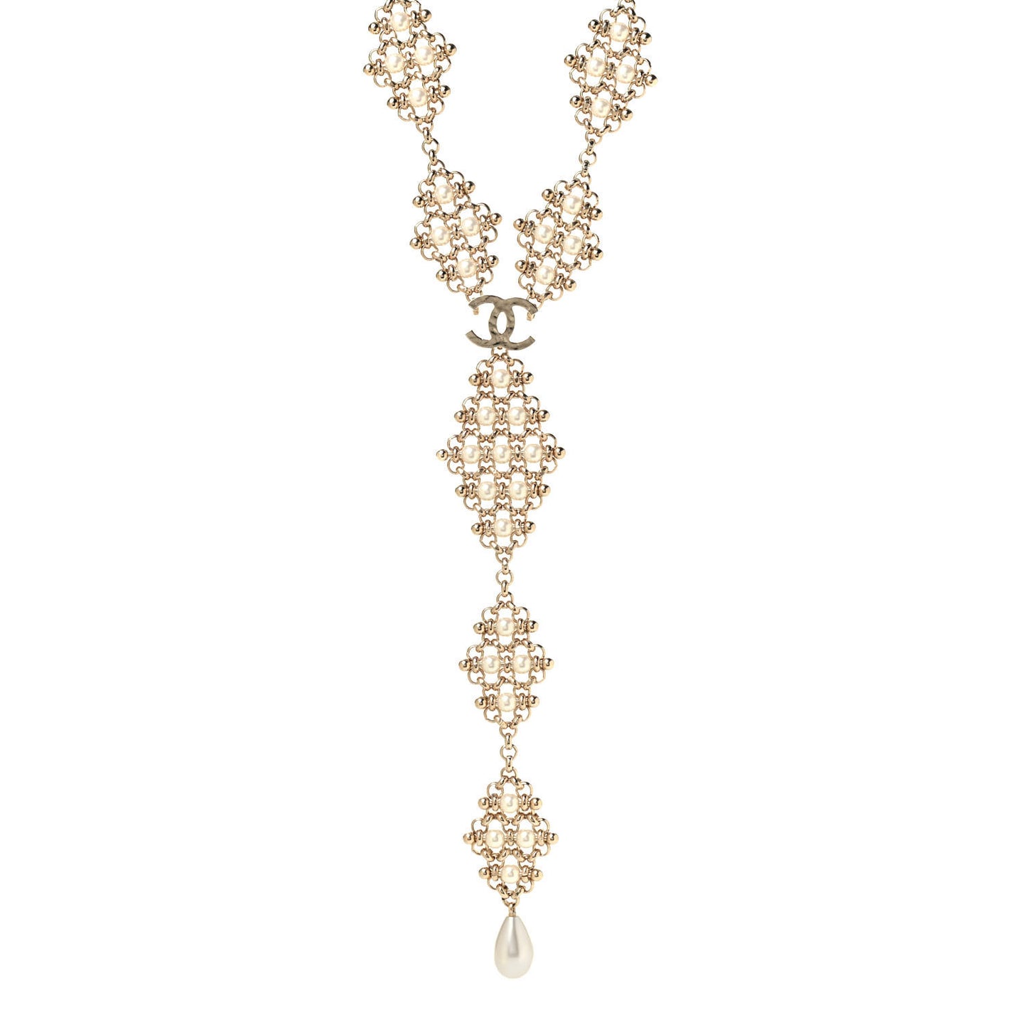 Pearl Crystal CC Charms Drop Necklace Light Gold