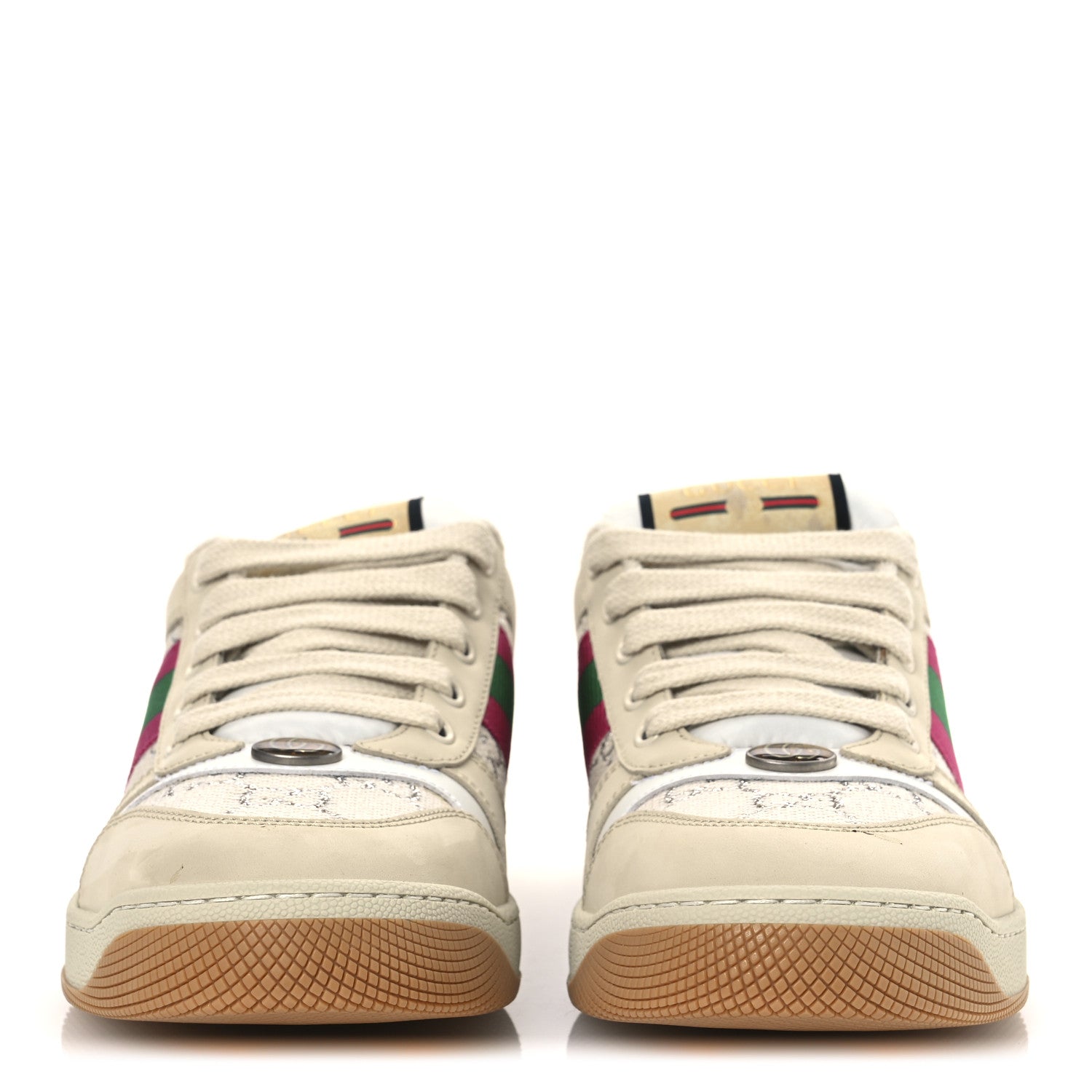 Gucci Calfskin Lame GG Monogram Web Womens Screener Sneakers 39 Gardenia Silver Dusty Milk White 3 of 14