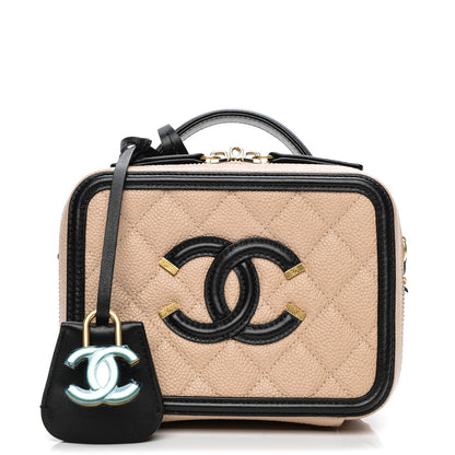 Chanel Caviar Quilted Small CC Filigree Vanity Case Beige Black 1 of 9