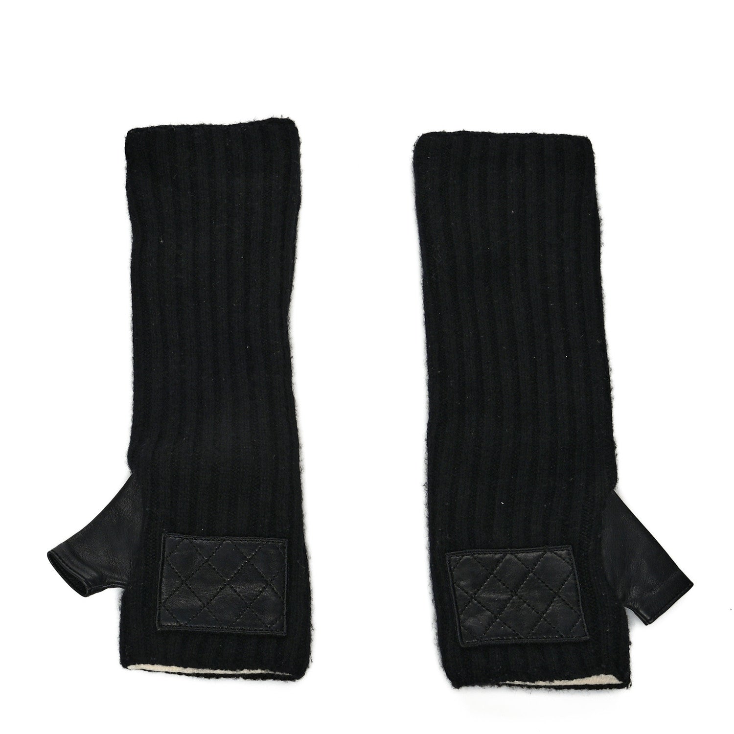 Chanel Cashmere Wool Lambskin Logo Fingerless Gloves 7.5 Black 2 of 4