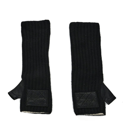 Chanel Cashmere Wool Lambskin Logo Fingerless Gloves 7.5 Black 2 of 4