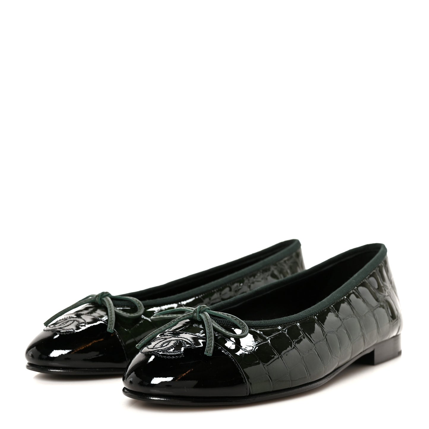 Patent Calfskin Crocodile Embossed Ballerina Flats 36.5 Dark Green Black