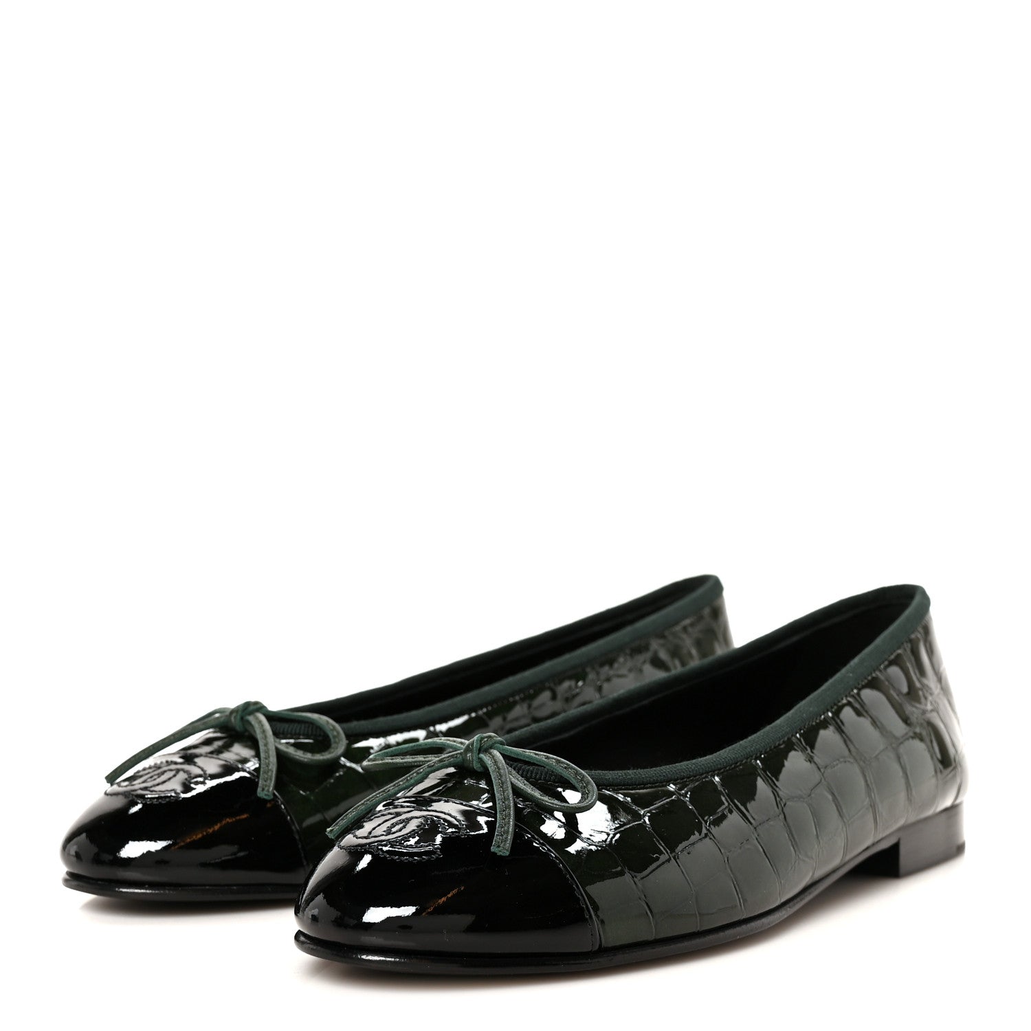 Chanel Patent Calfskin Crocodile Embossed Ballerina Flats 36.5 Dark Green Black 4 of 10
