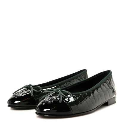 Chanel Patent Calfskin Crocodile Embossed Ballerina Flats 36.5 Dark Green Black 4 of 10