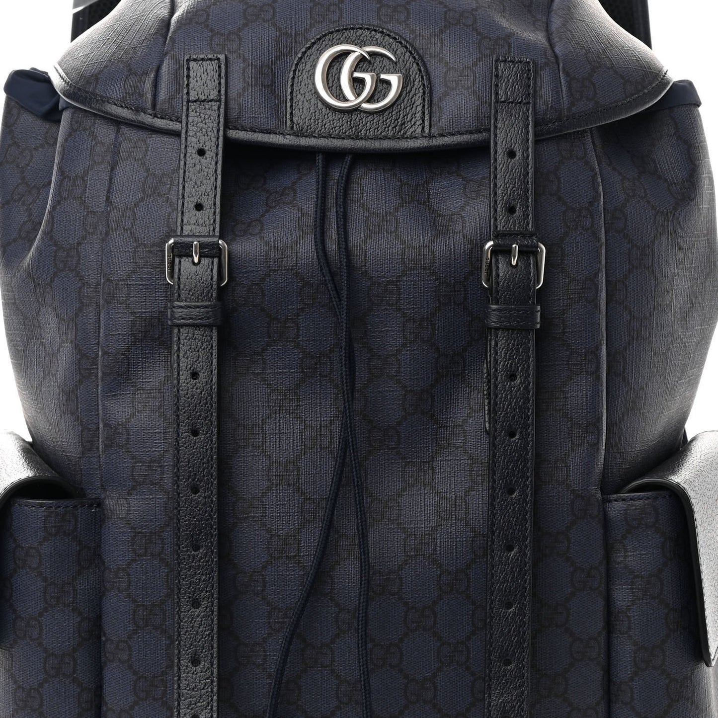 GG Supreme Monogram Textured Dollar Calfskin Medium Double Buckle Backpack Blue Dark Blue Black