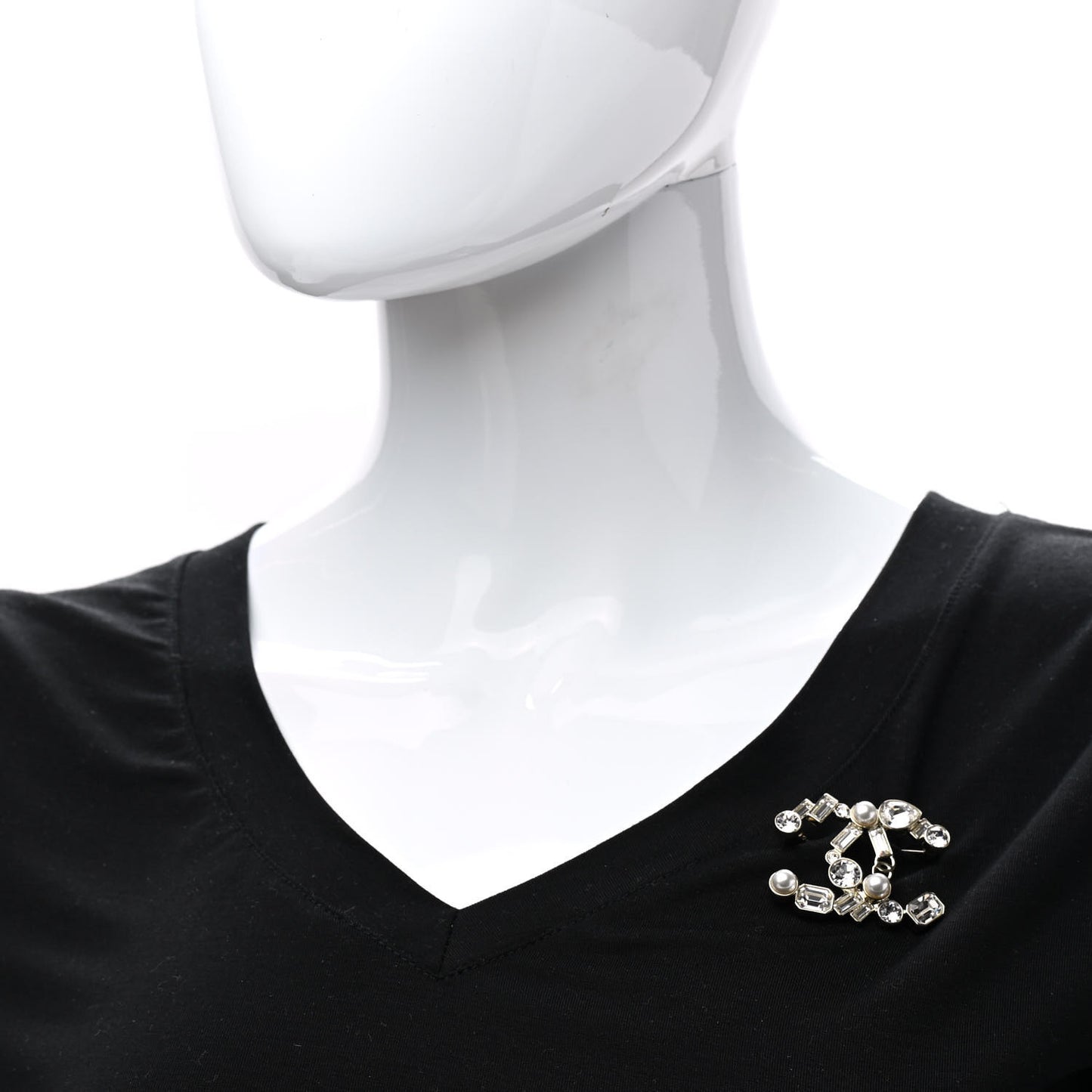 Crystal Baguette Pearl CC Brooch Gold