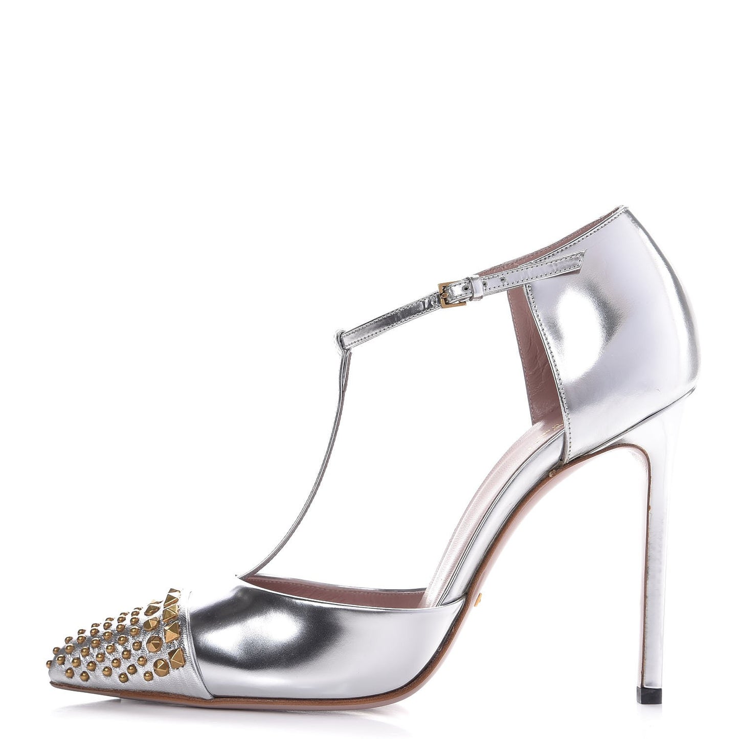 Metallic Nappa Studded Glow Light T-Strap Pumps 39 Silver