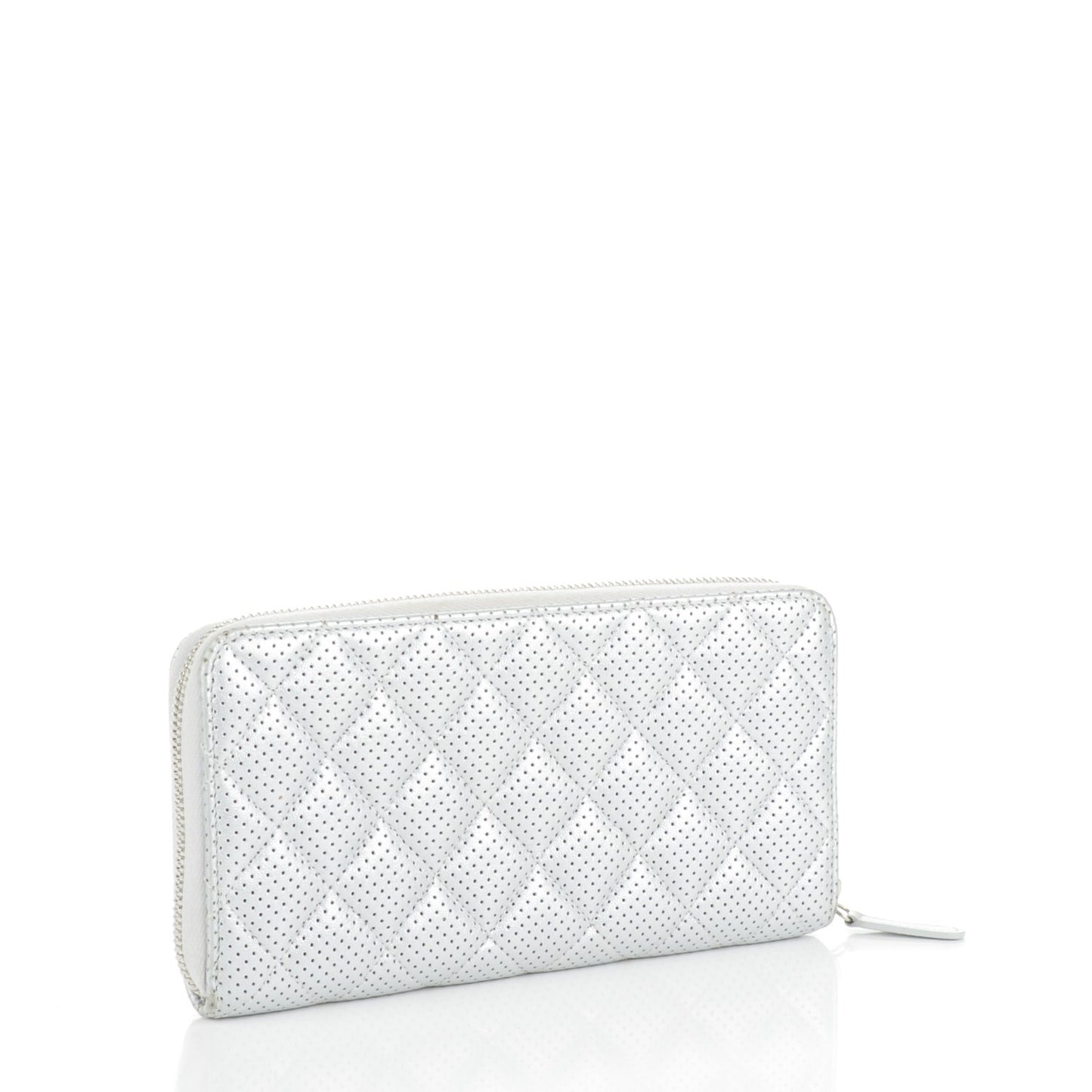 Perforated Metallic Lambskin Quilted Zip Around Wallet Light Silver
