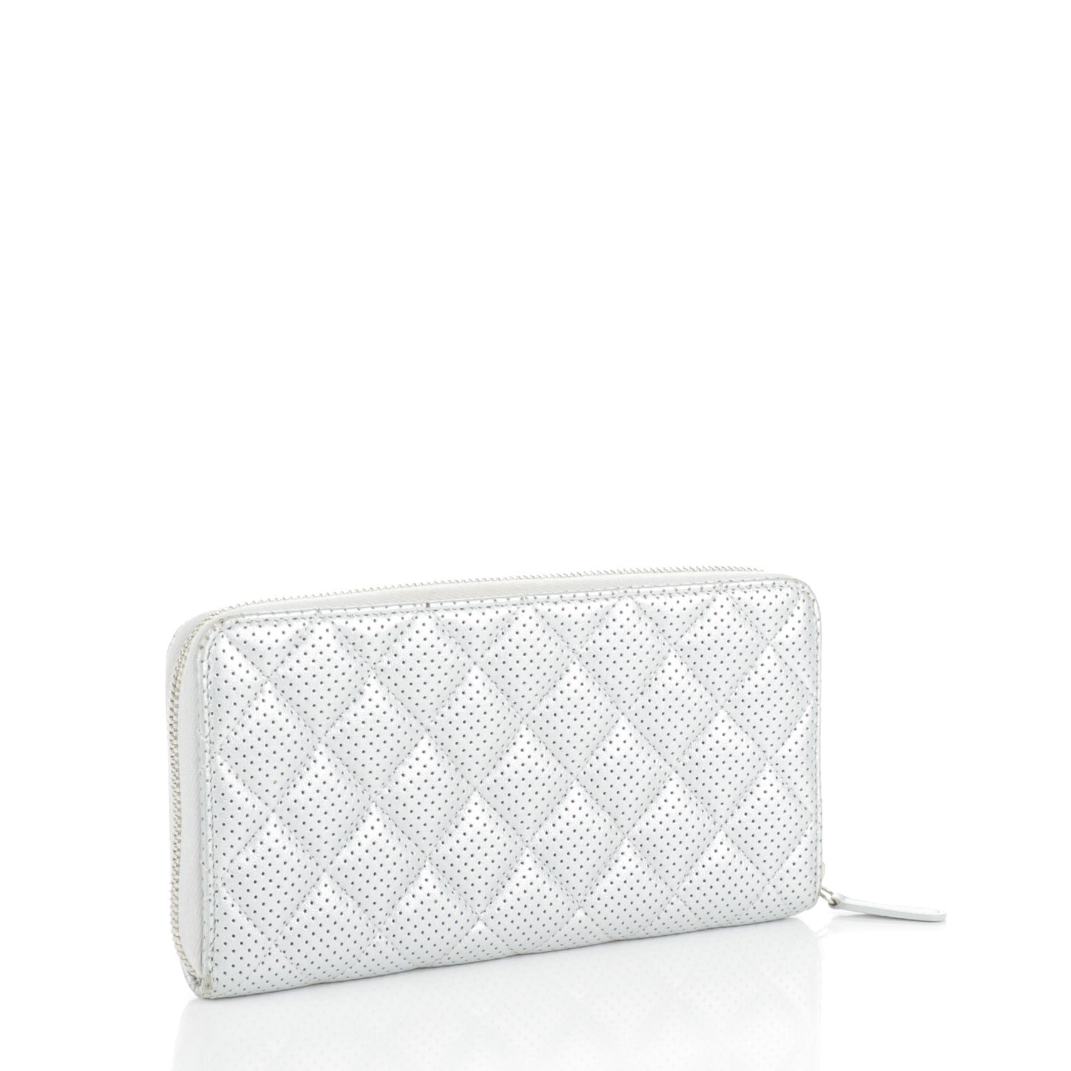 Chanel Perforated Metallic Lambskin Quilted Zip Around Wallet Light Silver 3 of 8
