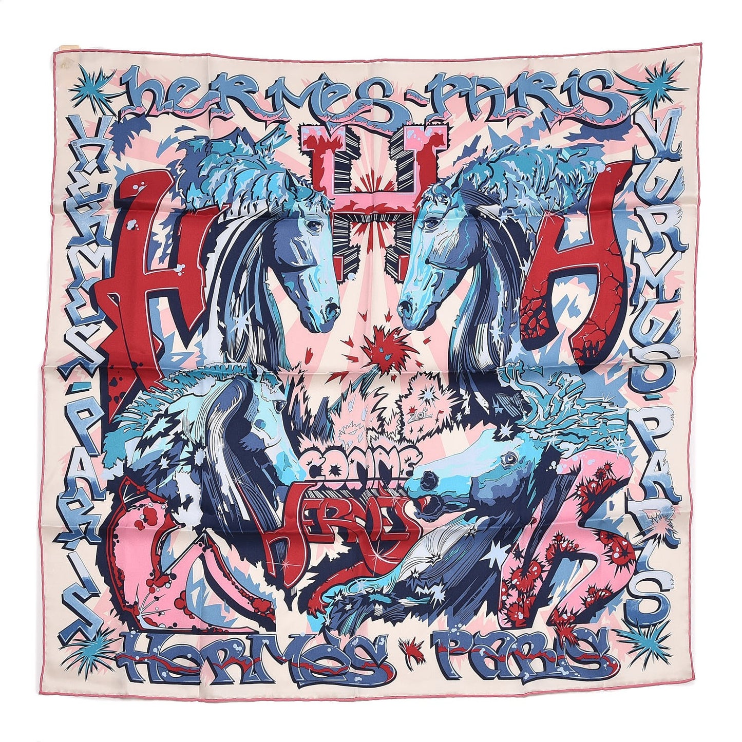 Silk H Comme Scarf 70 Rose Bleu Creme