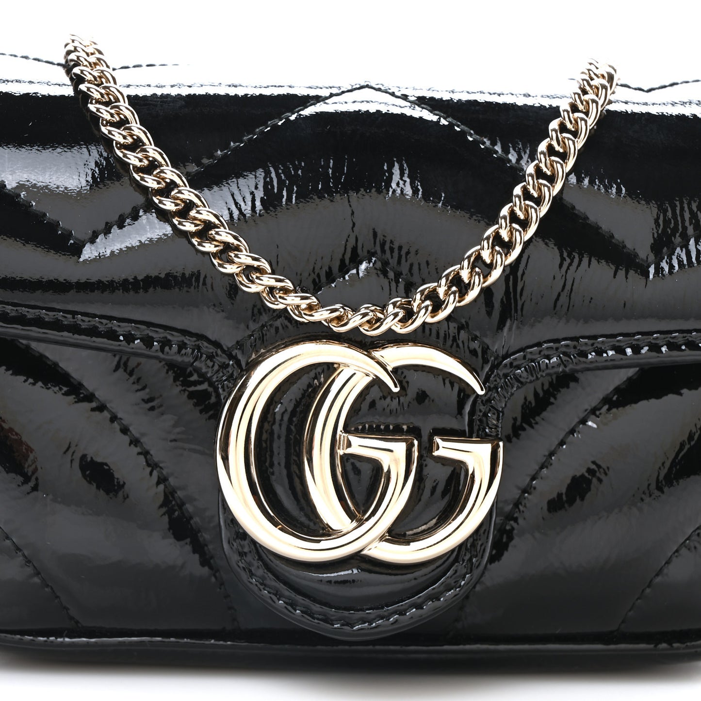 Patent Lambskin Matelasse Super Mini GG Marmont Shoulder Bag Black