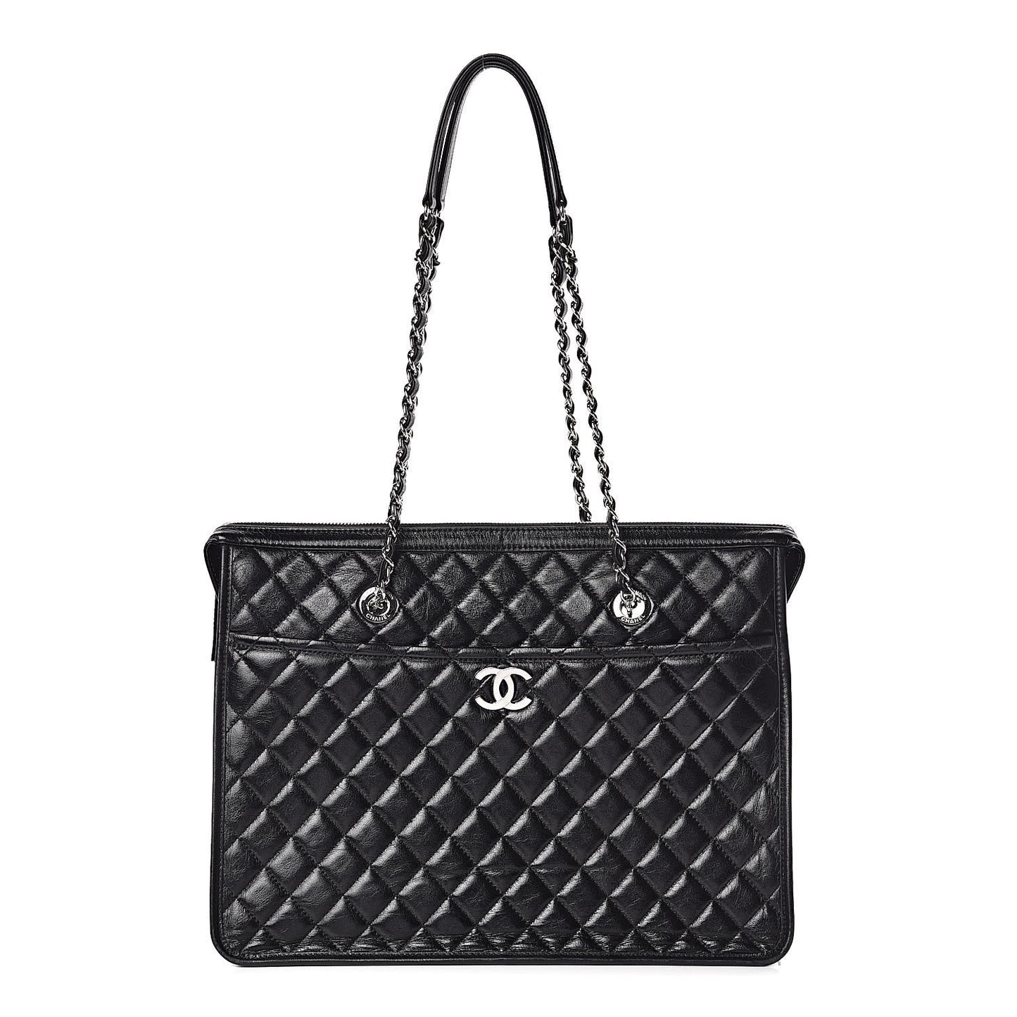 Glazed Calfskin Quilted Large Shopping Tote Black