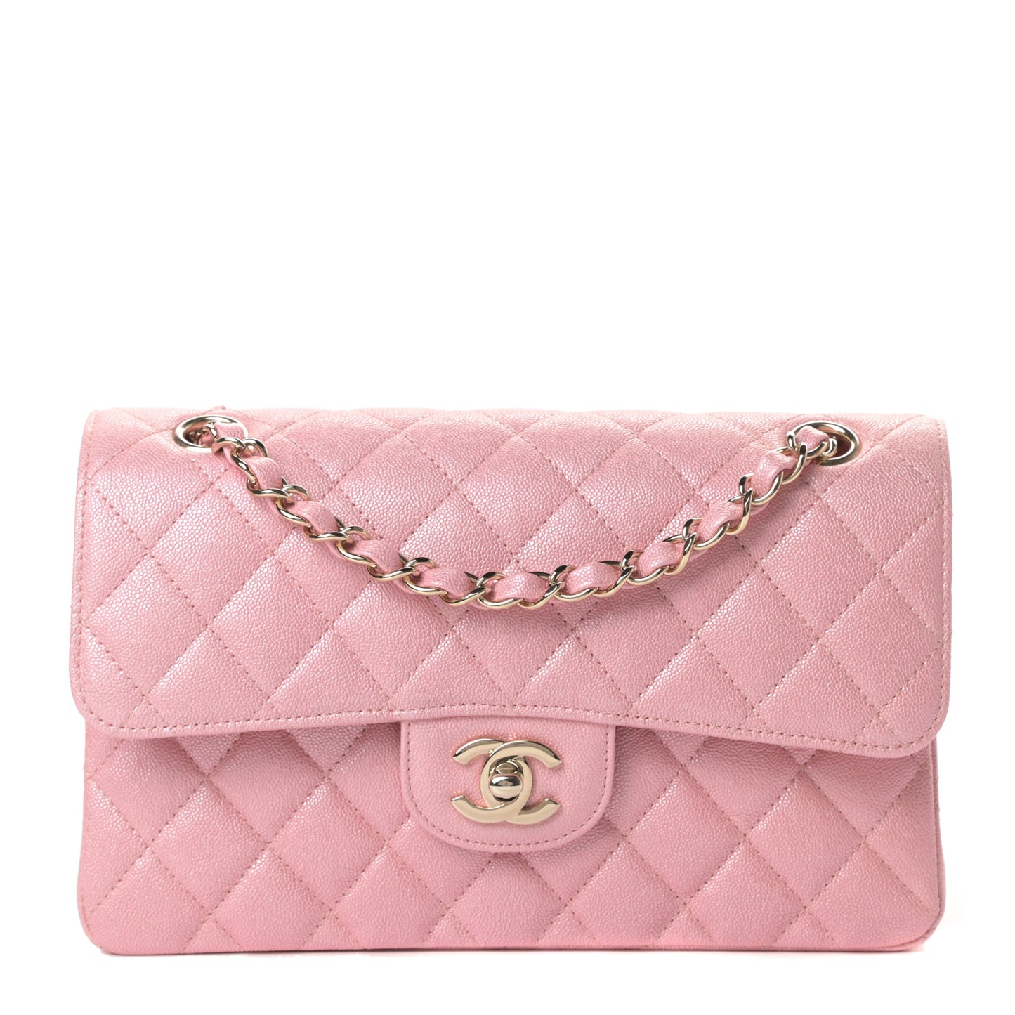 Iridescent Caviar Quilted Small Double Flap Pink
