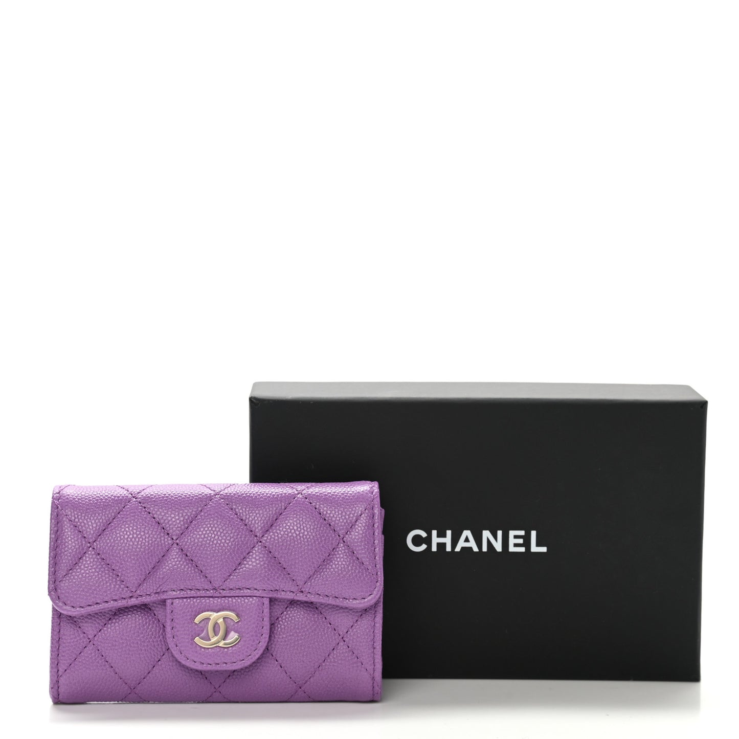 Caviar Quilted Flap Card Holder Wallet Purple
