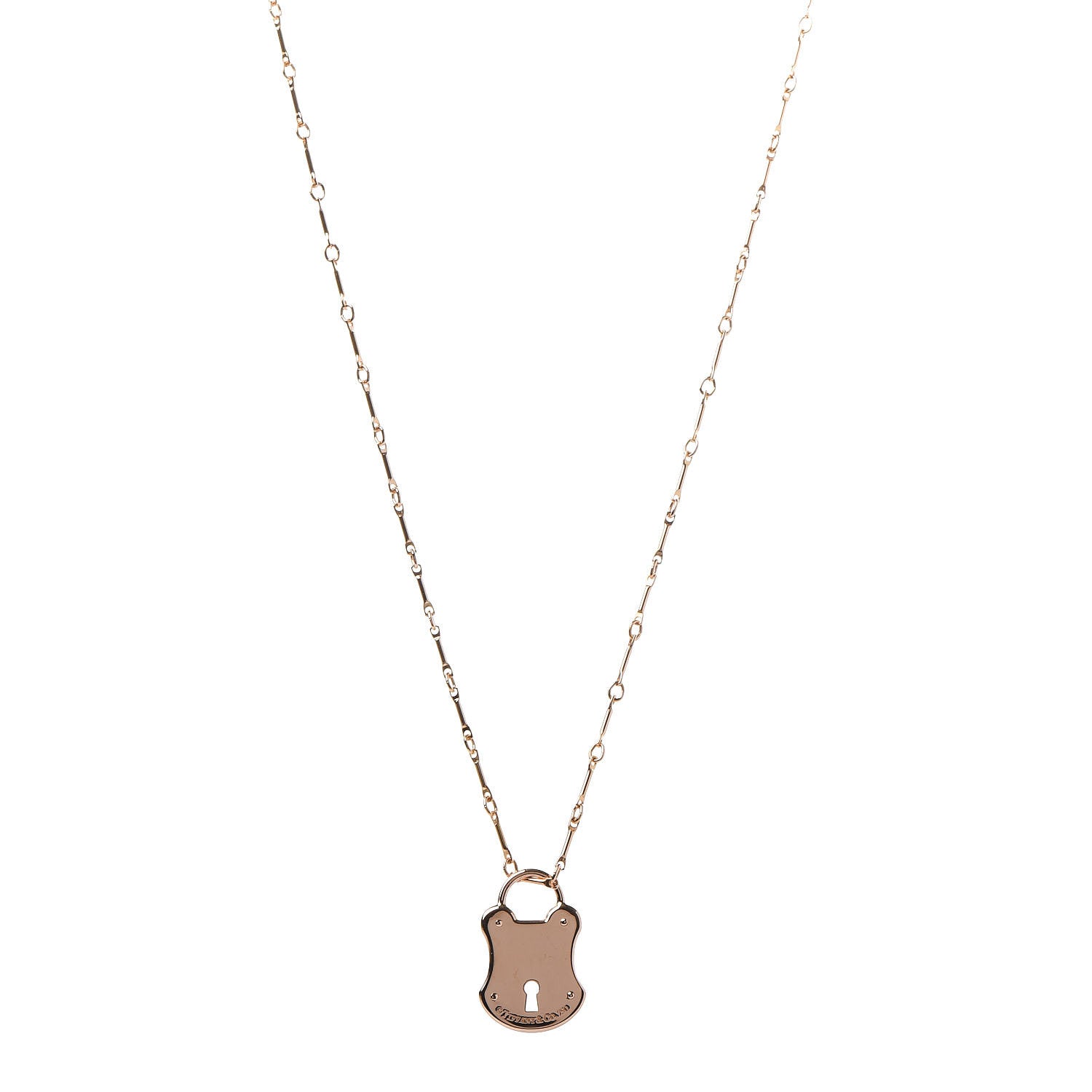 Tiffany 18K Rose Gold Emblem Lock Pendant Necklace 1 of 7