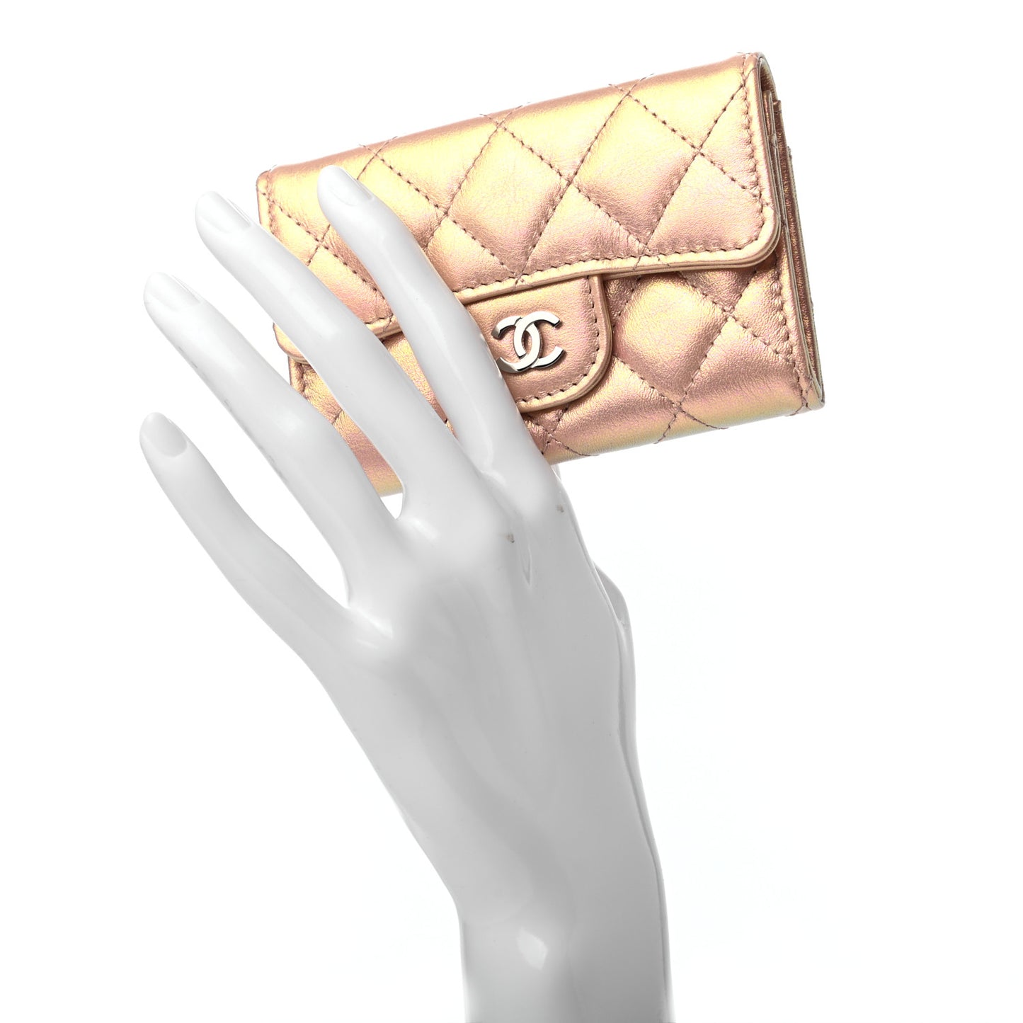 Iridescent Calfskin Quilted Flap Card Holder Wallet Pink
