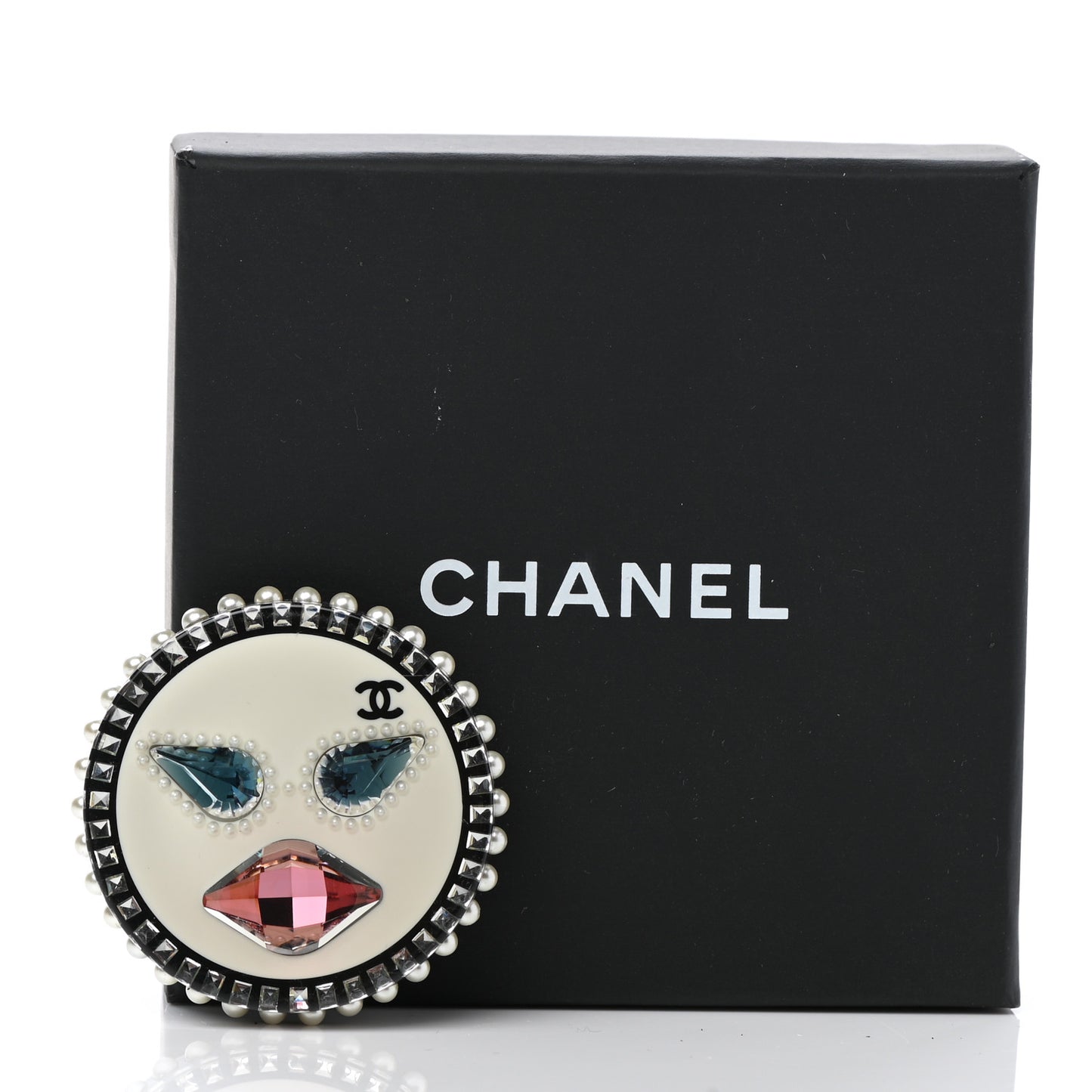 Metal Resin Pearl Emoji Brooch Silver White