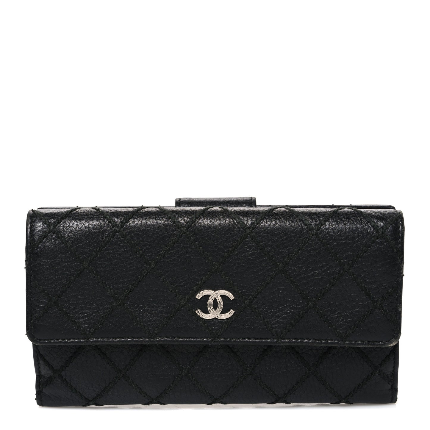 Calfskin Stitched CC Long Wallet Black