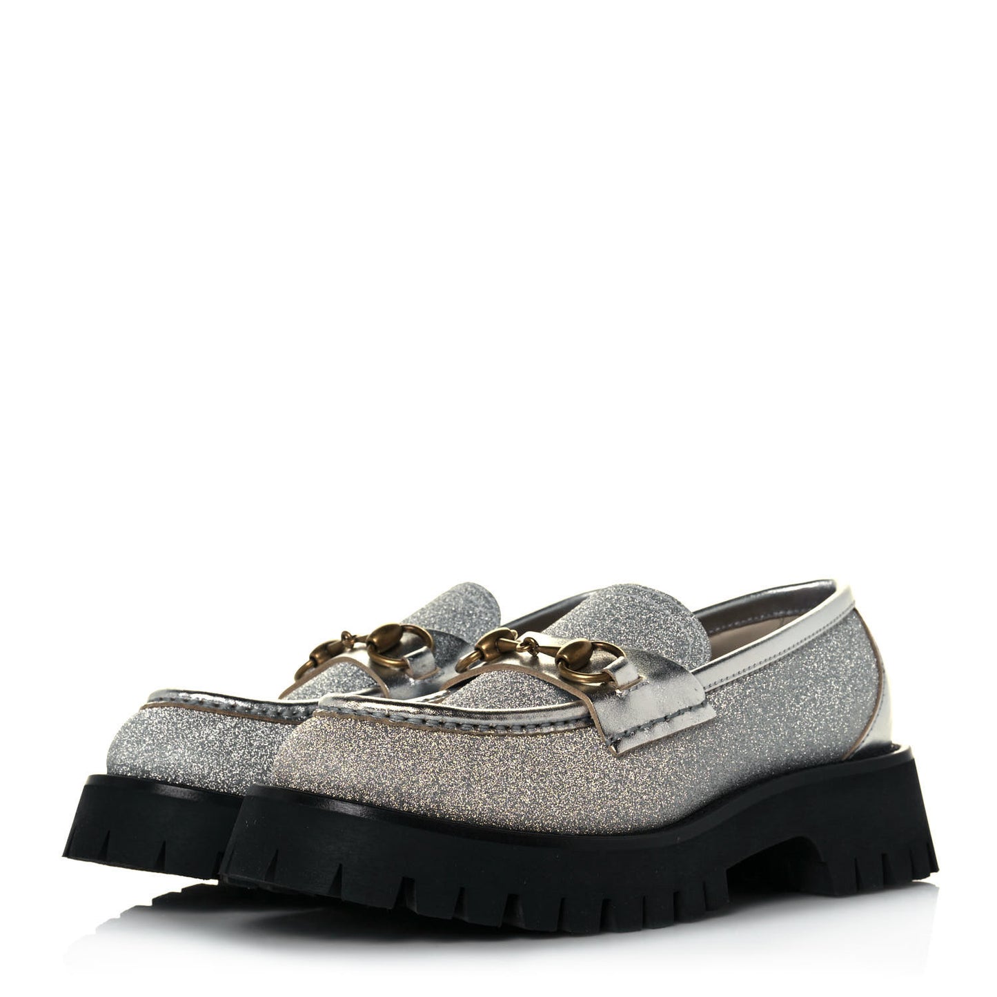 Mini Diamond Storm Silk Calfskin Womens Harald Horsebit 25mm Platform Loafers 36.5 Silver