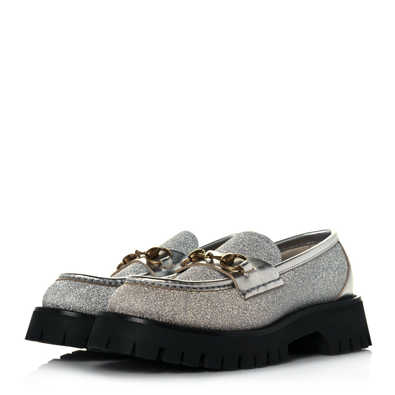 Gucci Mini Diamond Storm Silk Calfskin Womens Harald Horsebit 25mm Platform Loafers 36.5 Silver 3 of 11