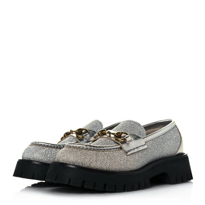 Gucci Mini Diamond Storm Silk Calfskin Womens Harald Horsebit 25mm Platform Loafers 36.5 Silver 3 of 11