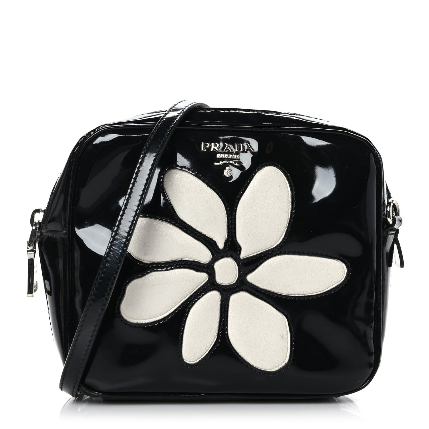 Prada Spazzolato Floral Camera Crossbody Black White 1 of 9