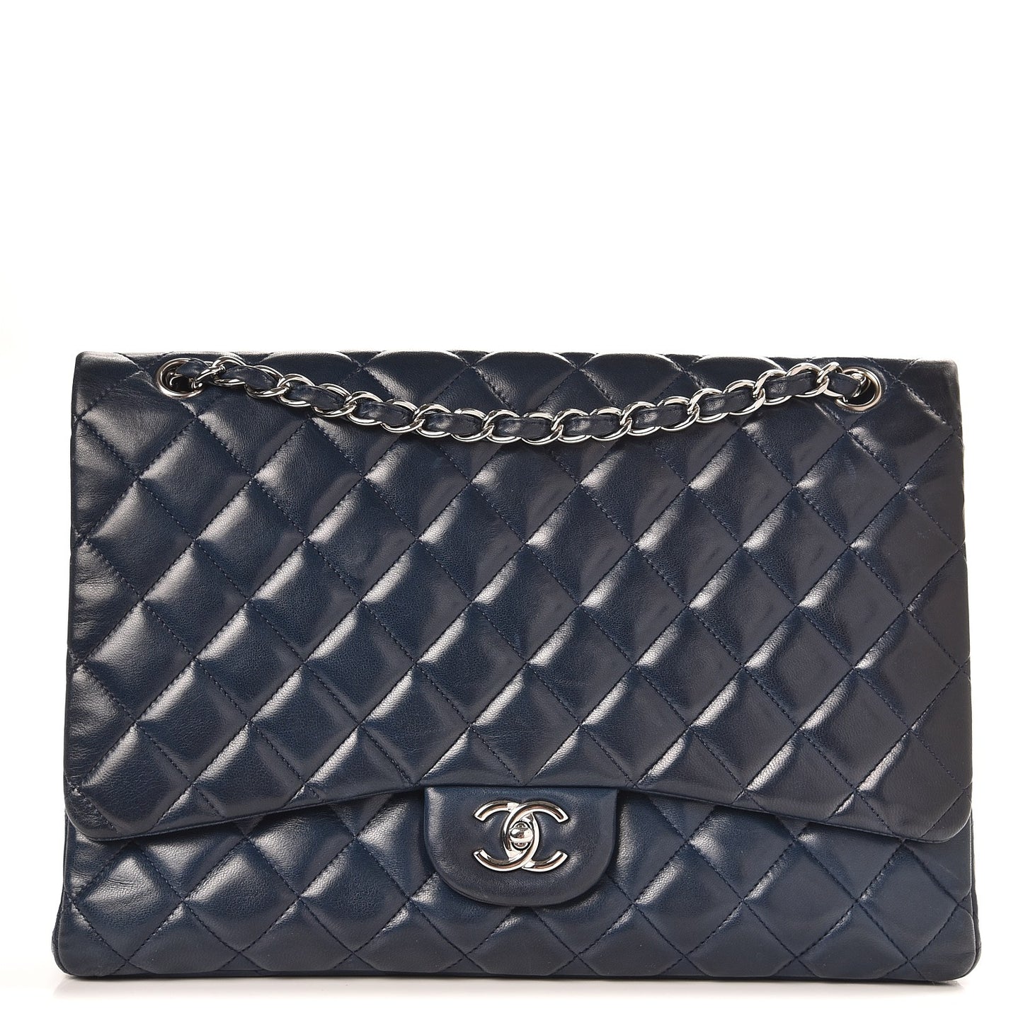 Lambskin Quilted Maxi Single Flap Navy