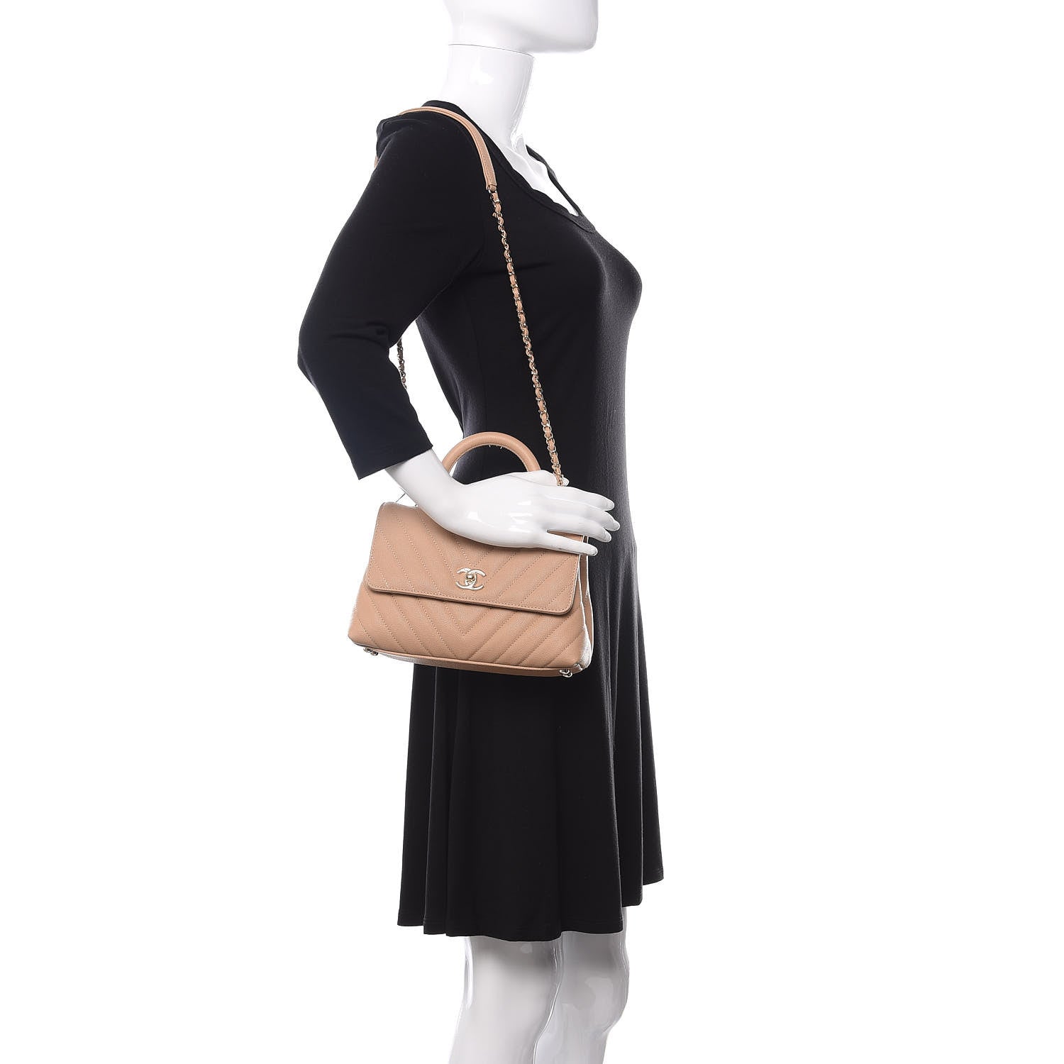 Chanel Caviar Chevron Quilted Mini Coco Handle Flap Beige 2 of 10