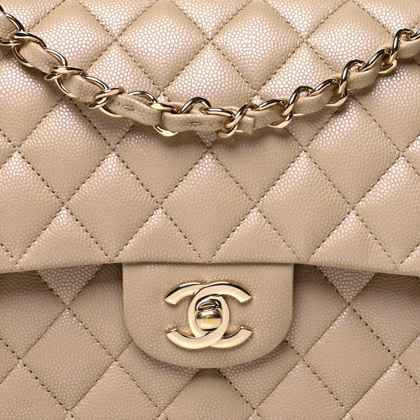 Iridescent Caviar Quilted Medium Double Flap Dark Beige