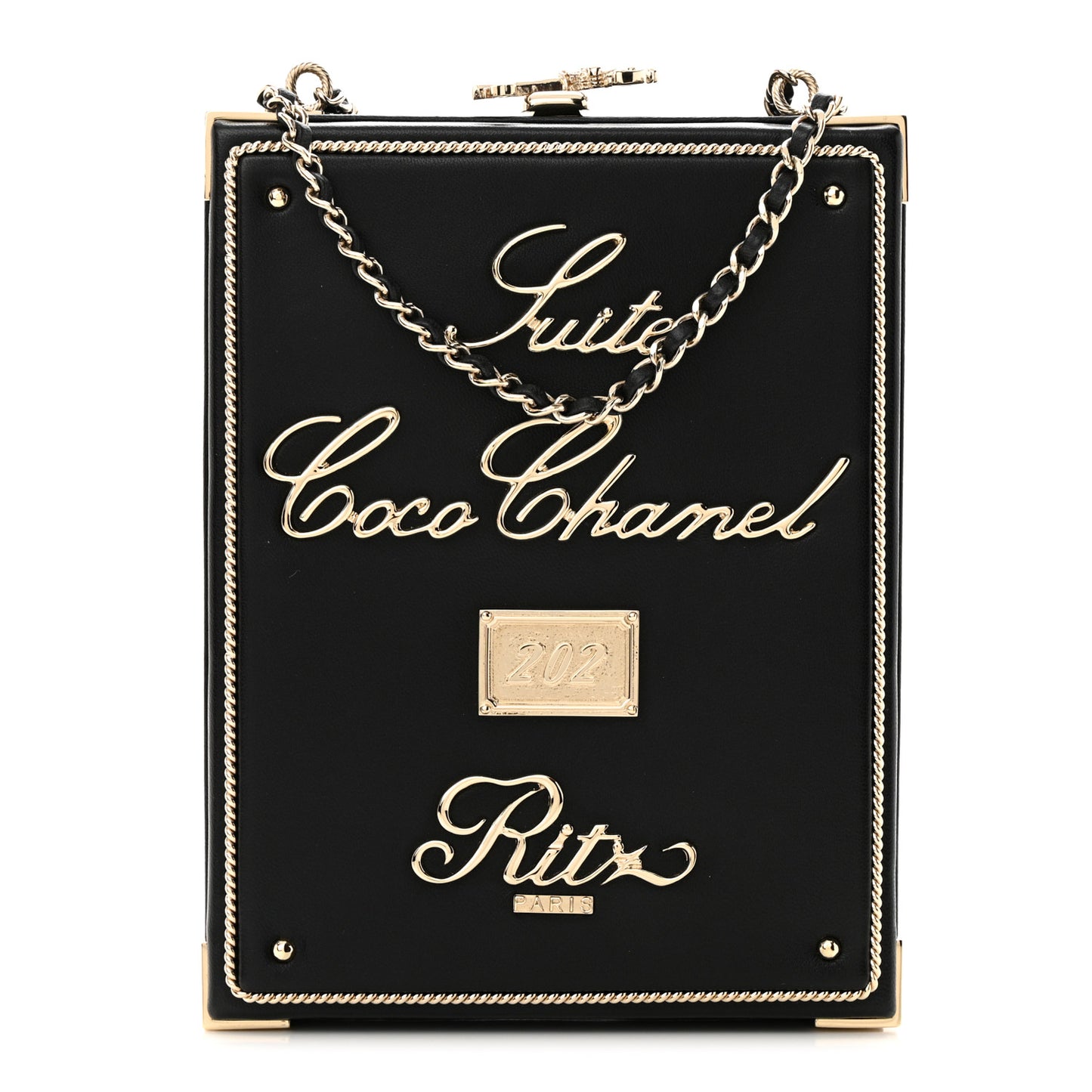Lambskin Room Card Minaudiere Evening Bag Black Gold