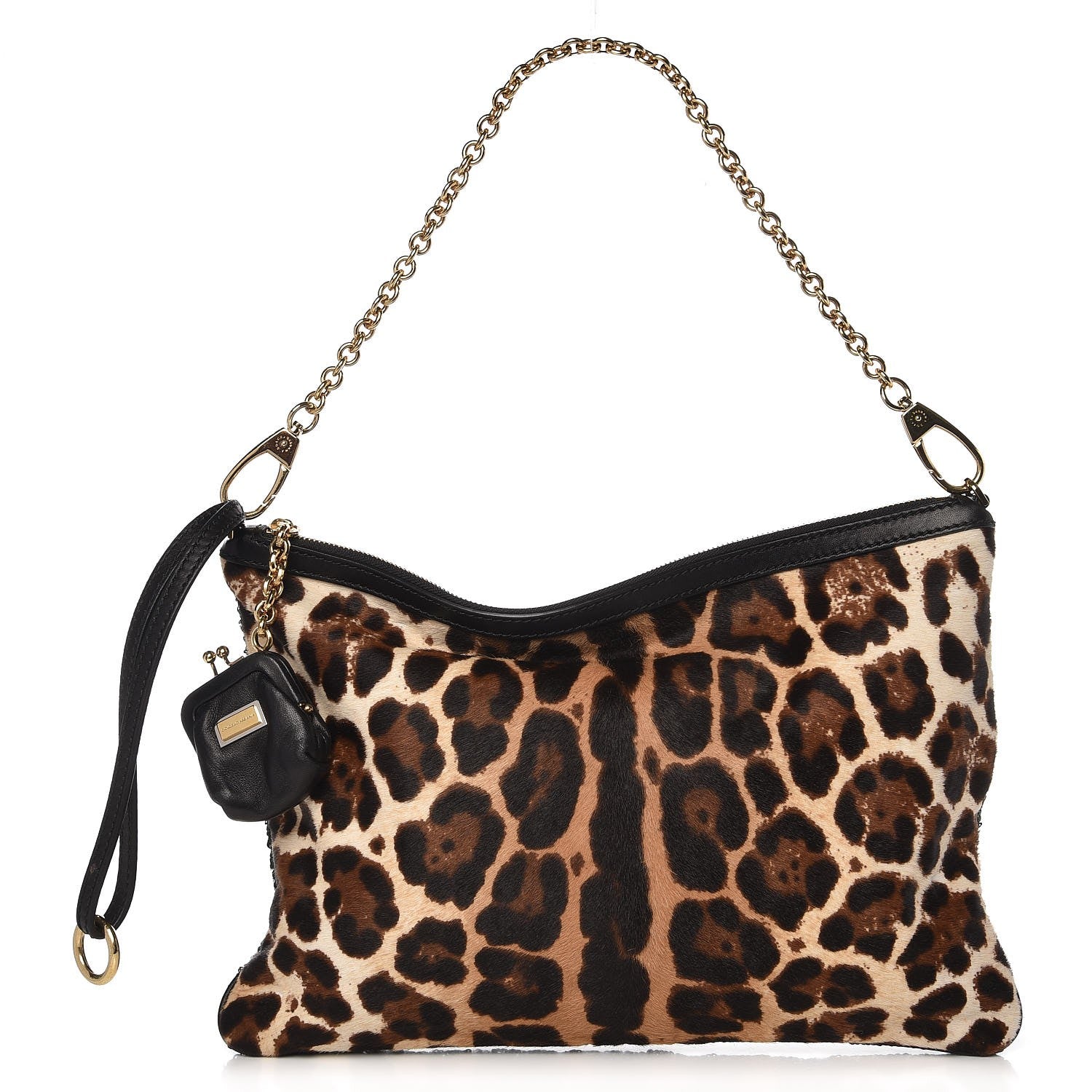 Dolce & Gabbana Sequin Leopard Print Calf Hair Chain Clutch Beige Bottle Green 1 of 7