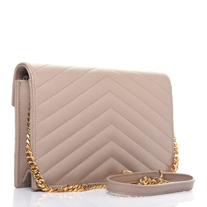 Saint Laurent Grain De Poudre Matelasse Chevron Monogram Envelope Chain Wallet Dark Beige 3 of 13