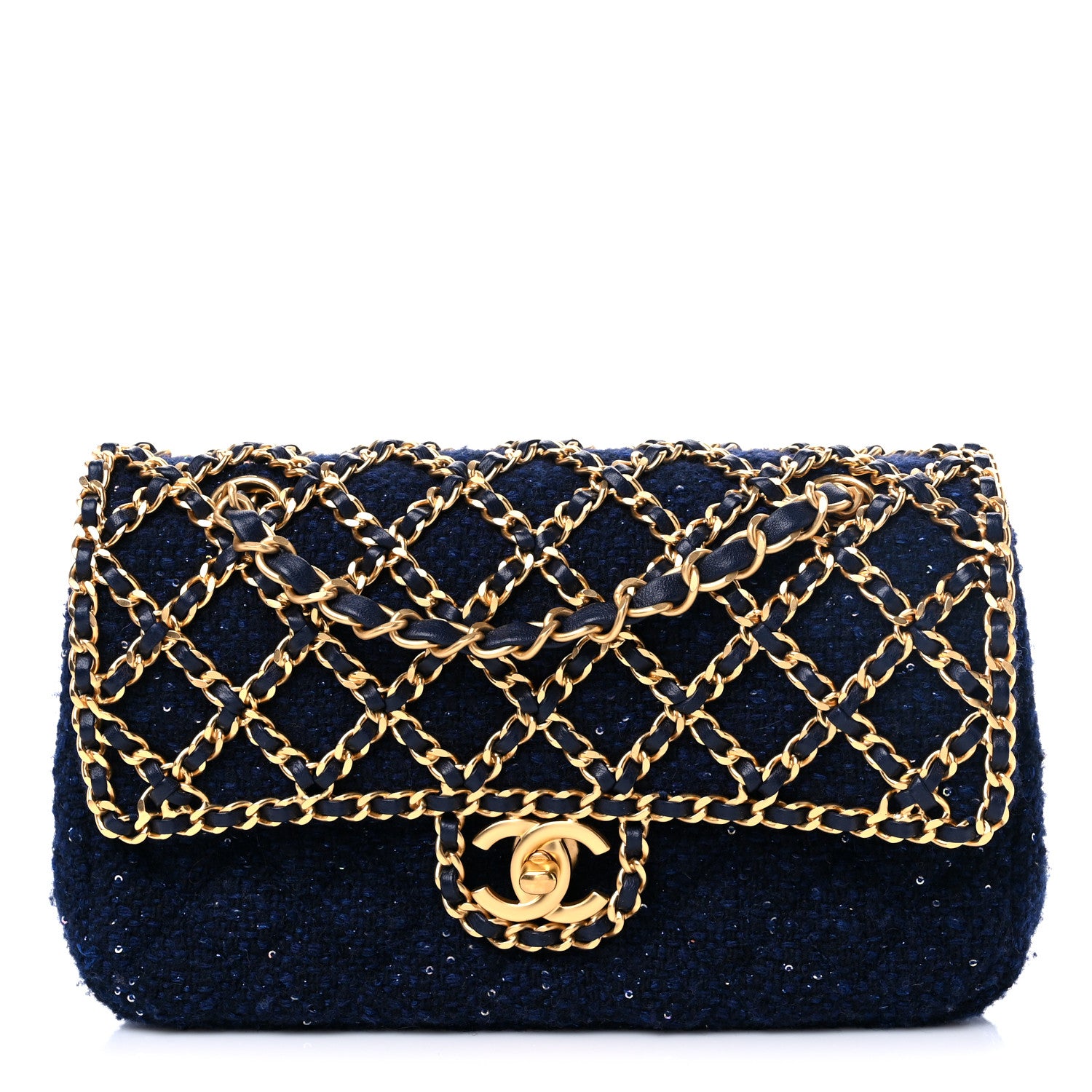 Chanel Tweed Sequin Timeless Classic Chained Double Flap Navy Blue 1 of 12