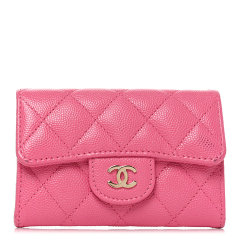 Caviar Quilted Flap Card Holder Wallet Pink