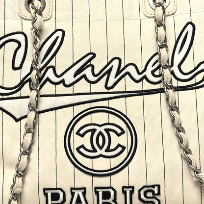 Chanel Canvas Calfskin Striped Medium Deauville Tote White Black 10 of 14