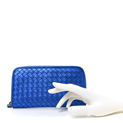 Bottega Veneta Metallic Grosgrain Intrecciato Zip Around Wallet Cobalt 2 of 10