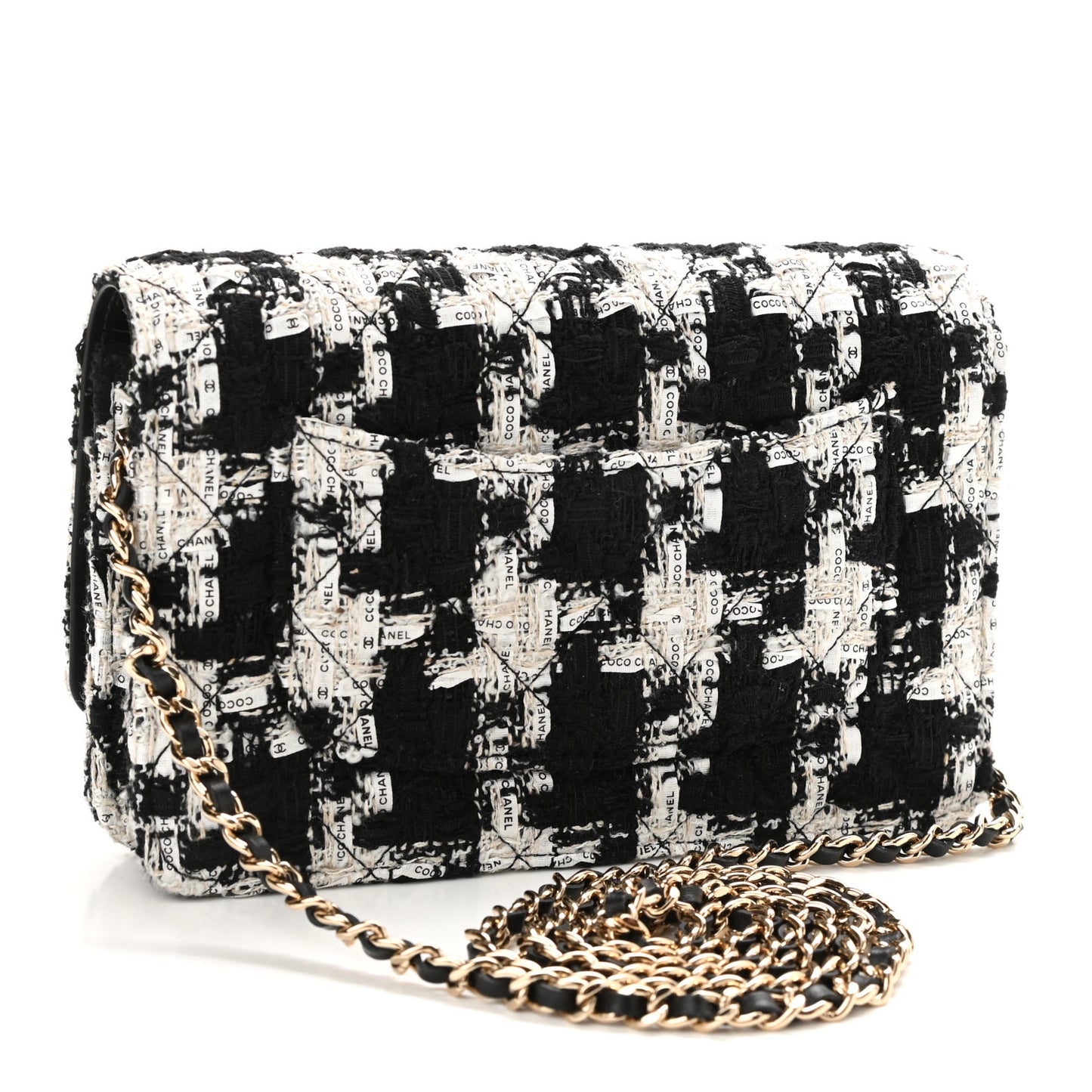 Tweed Quilted Wallet On Chain WOC Black Ecru White