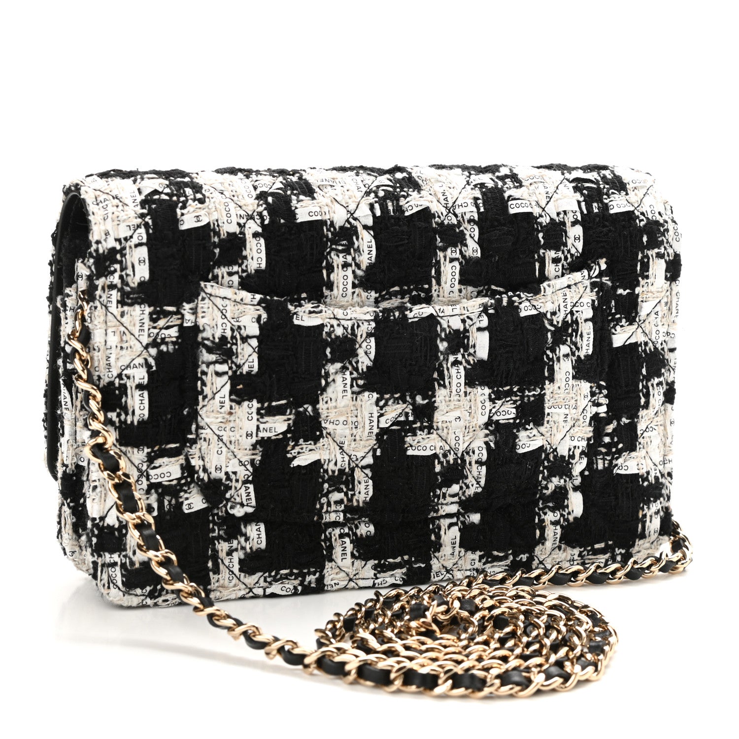 Chanel Tweed Quilted Wallet On Chain WOC Black Ecru White 3 of 12