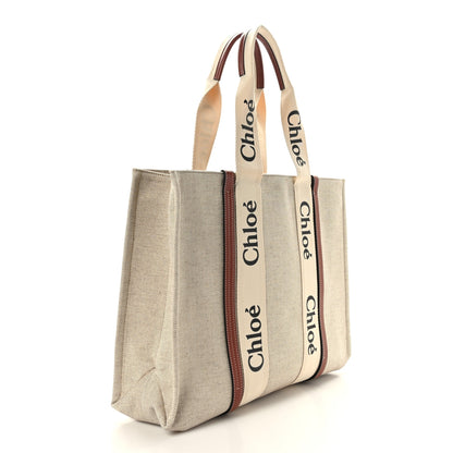 Chloe Cotton Calfskin Large Woody Ribbon Tote White Brown 3 of 8