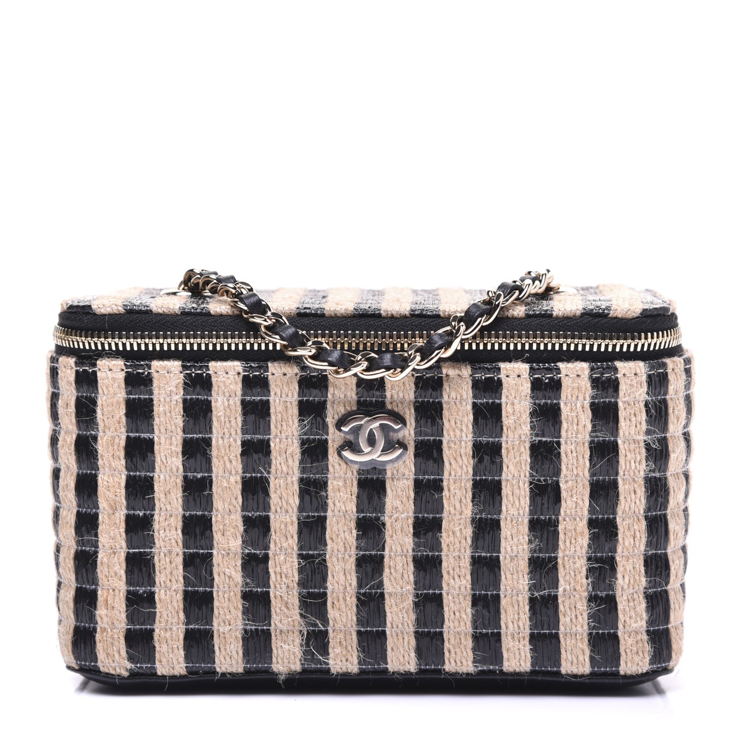 Raffia Jute Striped Small Vanity Case With Chain Black Beige