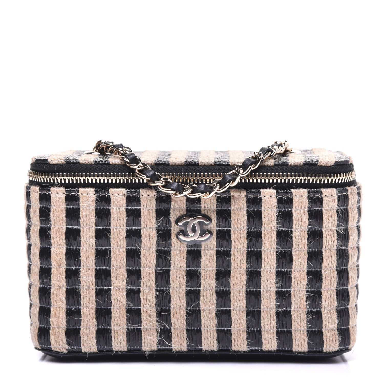 Chanel Raffia Jute Striped Small Vanity Case With Chain Black Beige 2 of 25